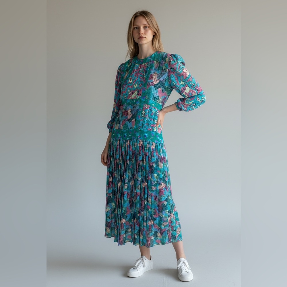 Vintage Teal Drop Waist Pleated Midi Dress Size Small/Medium